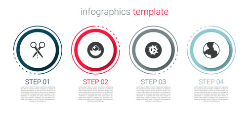 Set Scissors with cut line, Carton cardboard box, Bomb explosion and Worldwide. Business infographic template. Vector