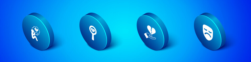 Set Isometric Broken heart or divorce, , Drama theatrical mask and icon. Vector