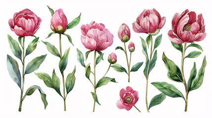 Beautiful hand drawn floral elements in a watercolor style, featuring summer blooms and nature-inspired decorations, isolated on white background