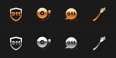 Set Emergency call 911, Ringing alarm bell, and Fire hose reel icon. Vector