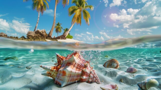 Small island with palm tree above and conch beneath underwater in sea.