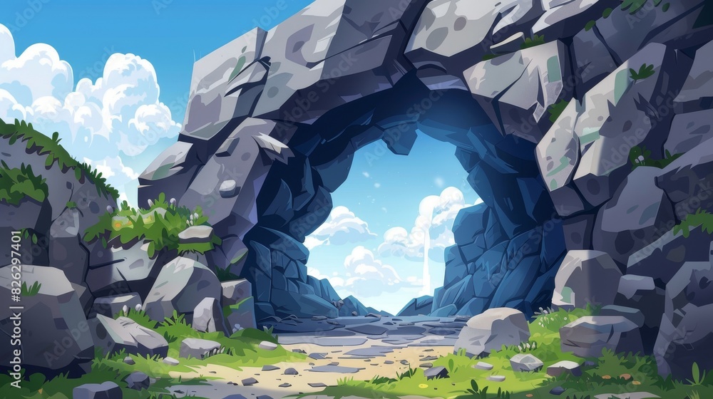 Poster a cartoon stone cave entrance with a dark rock tunnel. an abandoned rocky cave in the mountains with