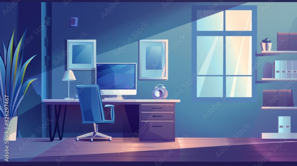 Poster an empty office environment with a desk, chair, monitor, shelf, and computer monitor set against a b