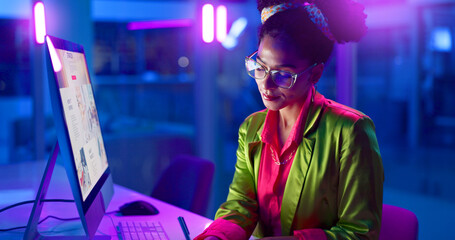 Neon, business and thinking with woman, computer and internet with brainstorming and online...