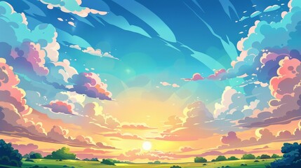 A stunning hand drawn cartoon illustration of a beautiful sky and clouds in a landscape