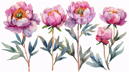 Fototapeta premium Beautiful watercolor drawings of garden-inspired peony flowers and botanical decorations, isolated on white background