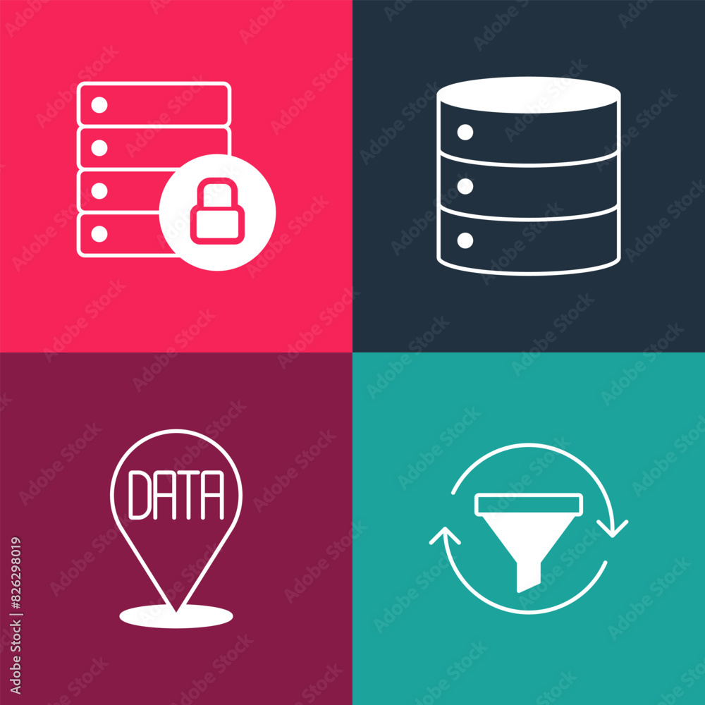 Poster set pop art sales funnel with chart, data analysis, server and security padlock icon. vector