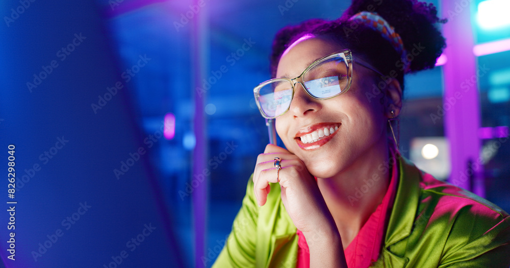 Sticker Woman, night and smile in office with neon, tablet and glasses for reading, information technology or coding. Person, girl and developer with click for programming, excited and creative for software