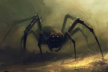 Digital artwork of a large spider lurking in a dimly lit, mysterious environment
