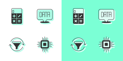 Set Processor CPU, Calculator, Sales funnel with chart and Data analysis icon. Vector