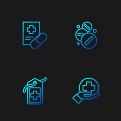 Set line Cross hospital medical, tag, Medical prescription and Medicine pill or tablet. Gradient color icons. Vector