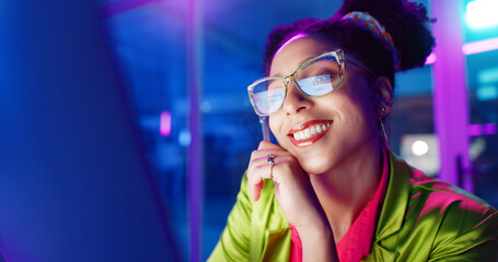 Woman, night and smile in office with neon, tablet and glasses for reading, information technology...