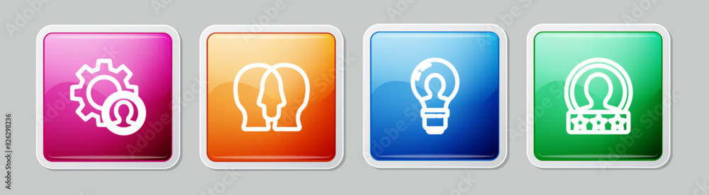 Aufkleber set line head hunting, project team base, with lamp bulb and create account screen. colorful square 