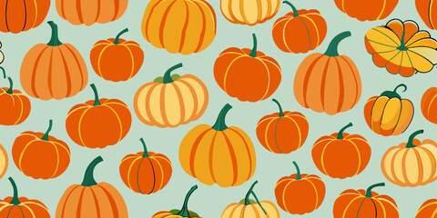 Illustrated pattern of various pumpkins in different shades of orange, green, and yellow, scattered on a light beige background. The pumpkins range in size and shape
