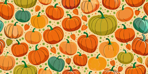 Illustrated pattern of various pumpkins in different shades of orange, green, and yellow, scattered on a light beige background. The pumpkins range in size and shape
