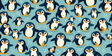 Pattern of numerous small, cartoonish penguins, each with a dark blue and white body, orange beaks, and orange feet, on a light blue background featuring tiny white dots resembling snowflakes