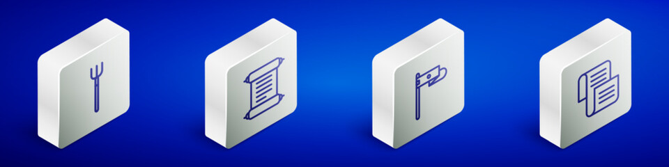 Set Isometric line Garden pitchfork, Decree, parchment, scroll, Medieval flag and icon. Vector