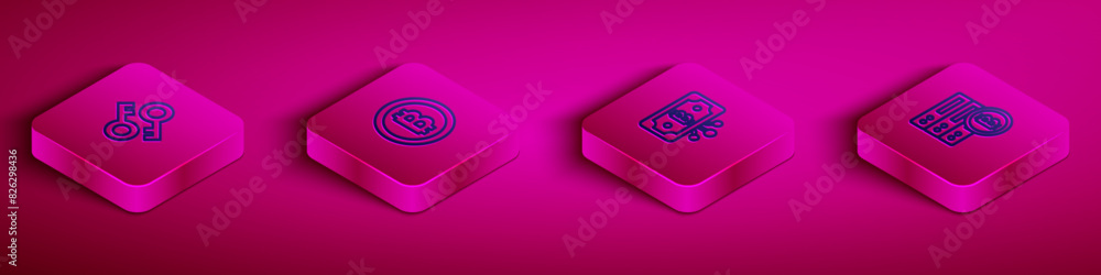 Poster set isometric line cryptocurrency key, bitcoin, with circuit and server bitcoin icon. vector