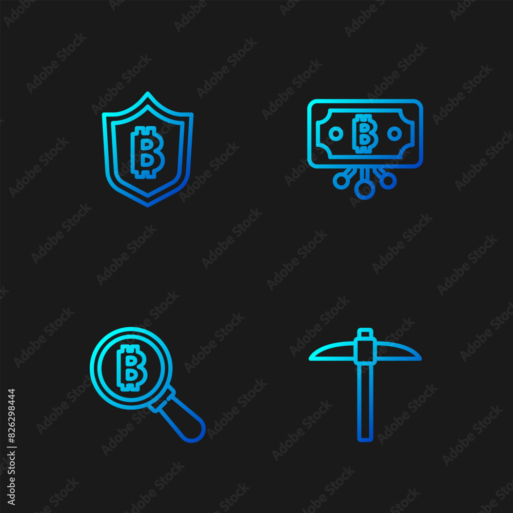 Aufkleber set line pickaxe, magnifying glass with bitcoin, shield bitcoin and circuit. gradient color icons. v