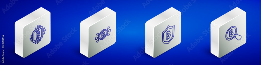 Poster set isometric line cpu mining farm, bitcoin circuit, shield with bitcoin and magnifying glass icon. 