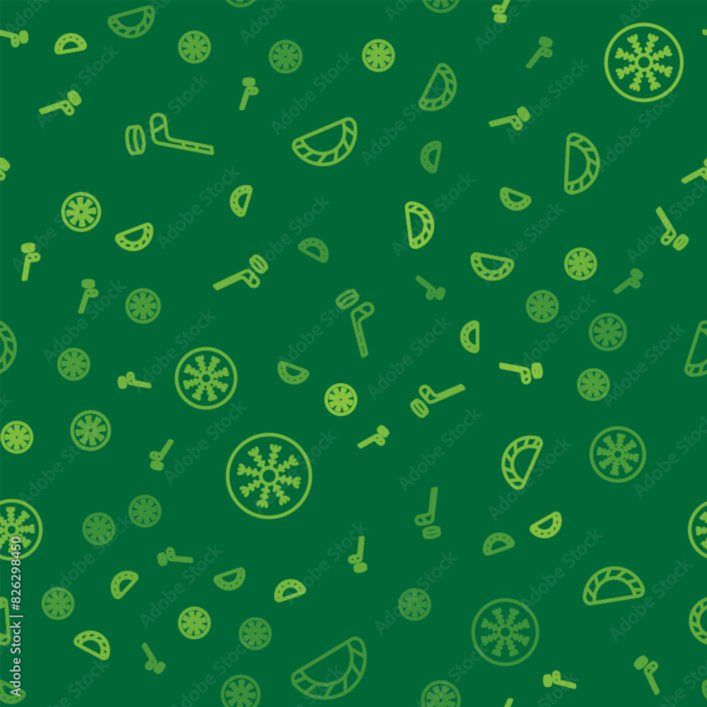 Poster set line ice hockey stick and puck, snowflake and dumpling on seamless pattern. vector