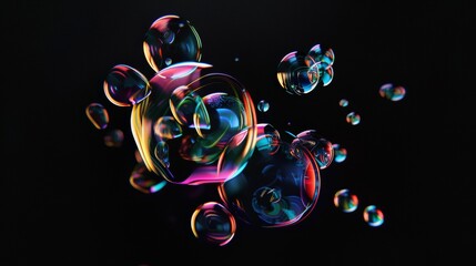 A diverse collection of vibrant soap bubbles against a dark backdrop