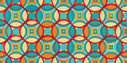 A seamless geometric pattern featuring overlapping circles in red, orange, blue, and cream colors. The design includes diamond shapes within the circles, creating a repetitive