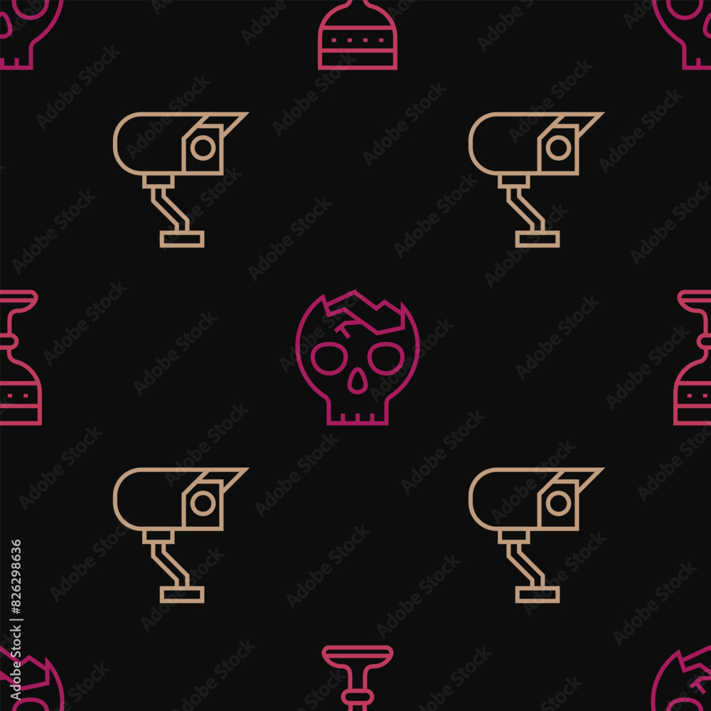 Poster set line medieval goblet, security camera and broken human skull on seamless pattern. vector