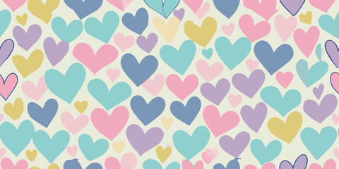 Pattern of various-sized hearts in pastel colors, including pink, blue, purple, yellow, and teal, scattered across a light background.