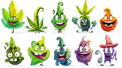 Cartoon Characters With Marijuana Leaf Isolated On White Background.