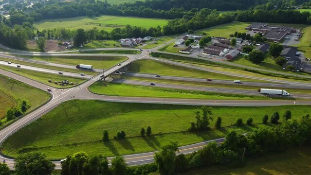 Aerial footage of the vehicles driving on the overpass Interstate traffic in Virginia, United States