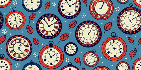 Illustration of various vintage pocket watches with red and navy blue accents on a light blue background, intermixed with small leaves and abstract floral elements.