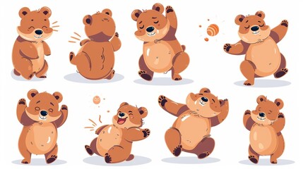This cartoon clip shows a brown bear with a teddy. He is sleeping or dancing. A wild forest mammal is eating honey. This modern graphic shows grizzly bears doing various activities.