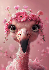 cute girly flamingo with long eyelashes and flowers on head