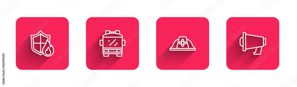 Poster Set line Fire protection shield, truck, Firefighter helmet and Megaphone with long shadow. Red square button. Vector