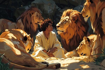 Experience the miraculous scene of Daniel standing unharmed amidst majestic lions, their ferociousness tamed by divine intervention. Light streams down, illuminating the awe and wonder as both Daniel 