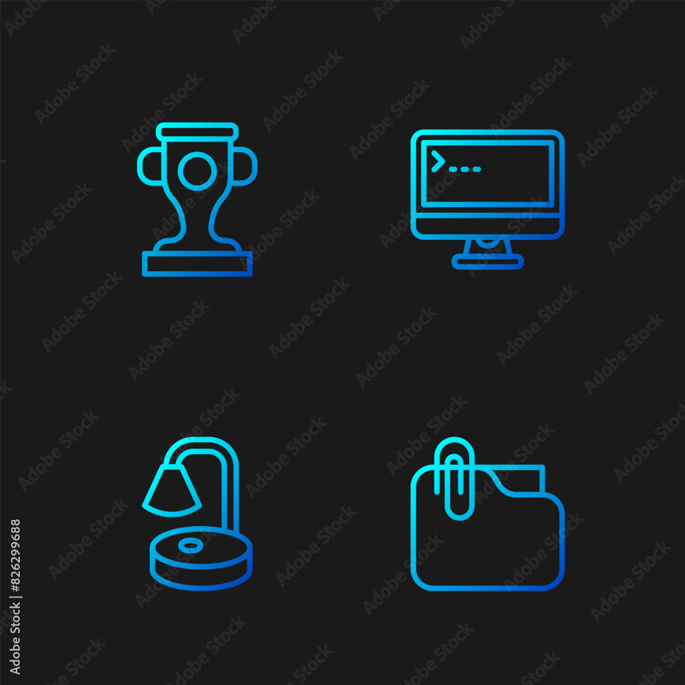 Poster set line document folder with clip, table lamp, award cup and computer monitor. gradient color icons