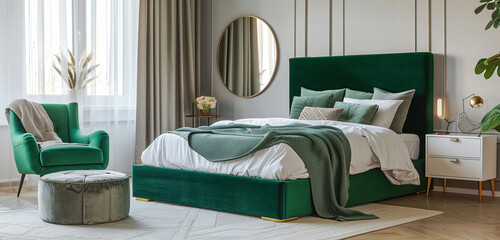 Modern bedroom with emerald-green bed metallic furniture white mockup frame.