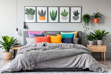 Colorful pillows on grey bed in modern bedroom interior with poster and plants.