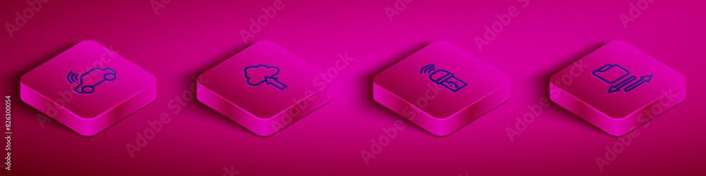 Poster set isometric line smart car system, cloud upload, usb wireless adapter and transfer files icon. vec