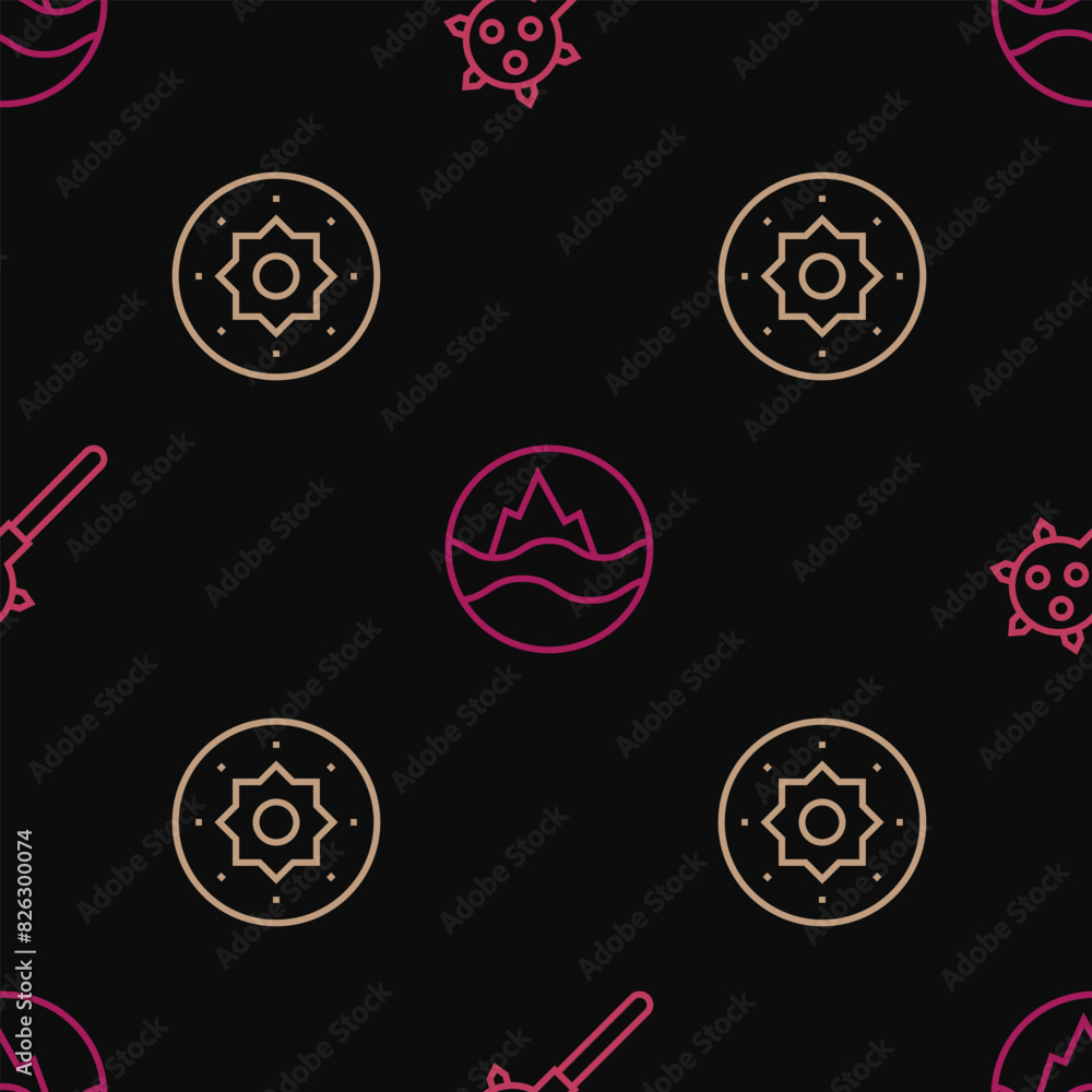 Poster set line mace with spikes, shield viking and sea and waves on seamless pattern. vector