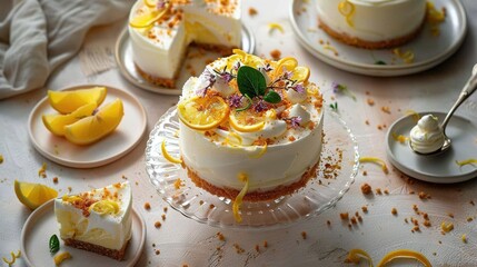Close-up photo of a cake on a plate on top of a table surrounded by lemons and other desserts