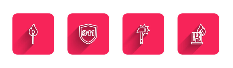 Obraz premium Set line Burning match with fire, Emergency call 911, Firefighter axe and burning building with long shadow. Red square button. Vector