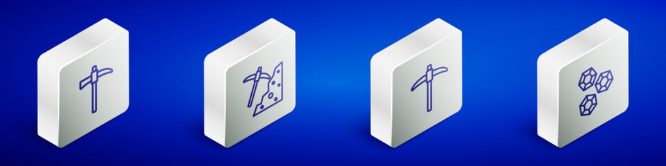 Set Isometric line Pickaxe, and Gem stone icon. Vector