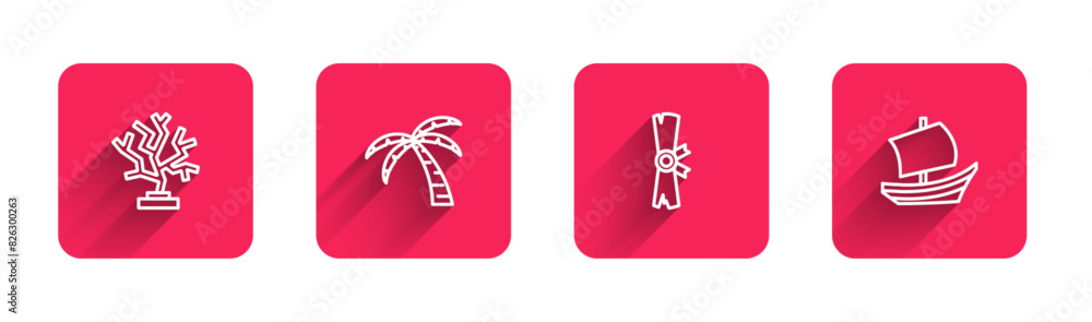Poster set line coral, tropical palm tree, papyrus scroll and egyptian ship with long shadow. red square bu