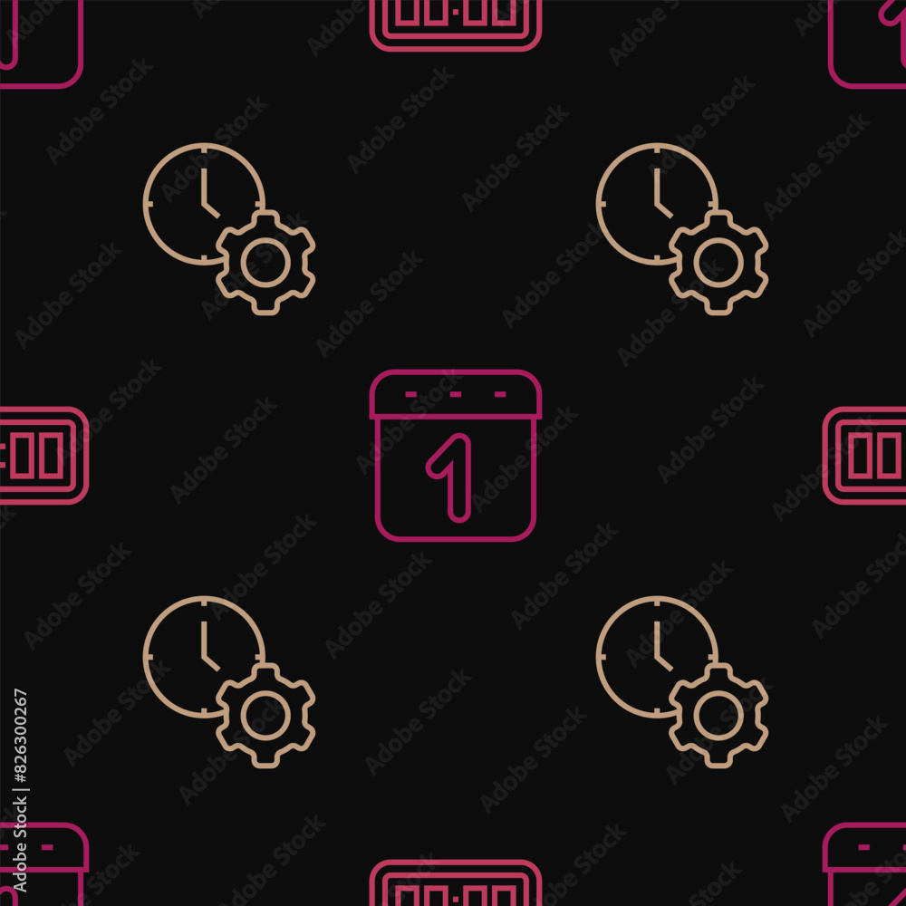 Poster set line digital alarm clock, time management and calendar on seamless pattern. vector