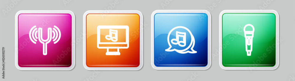 Poster set line musical tuning fork, computer with music note, note, tone and microphone. colorful square b