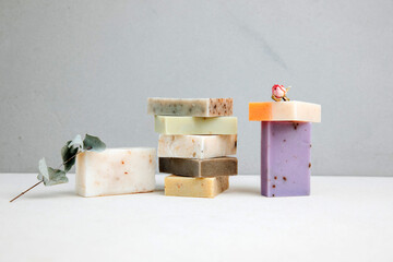 Handmade soap from natural ingredients, various herbs. Concept of sustainable use, bath products....