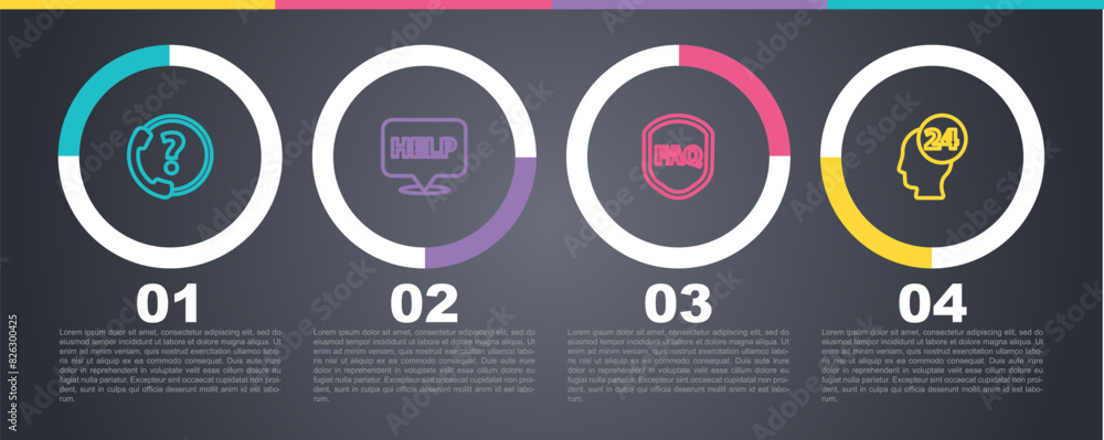 Poster set line telephone 24 hours support, speech bubble with text help, shield faq and support operator i