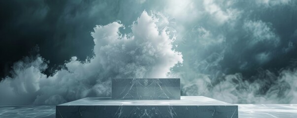 Mystical marble podium in clouds with striking contrast